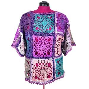 New Handmade Boho Crochet Granny Square Patchwork Top - One of a Kind